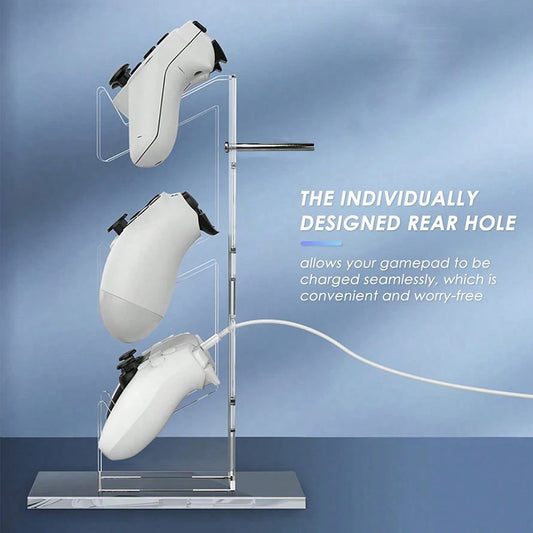 White gaming controller on a stand with text about charging convenience.