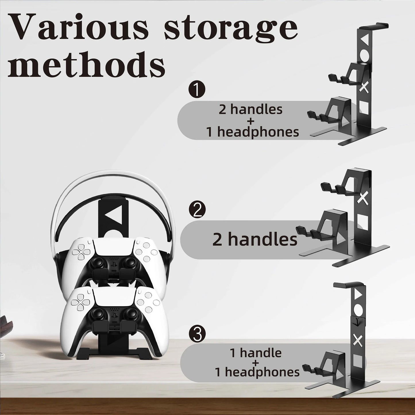 Illustration of gaming controllers with storage methods shown on a white background