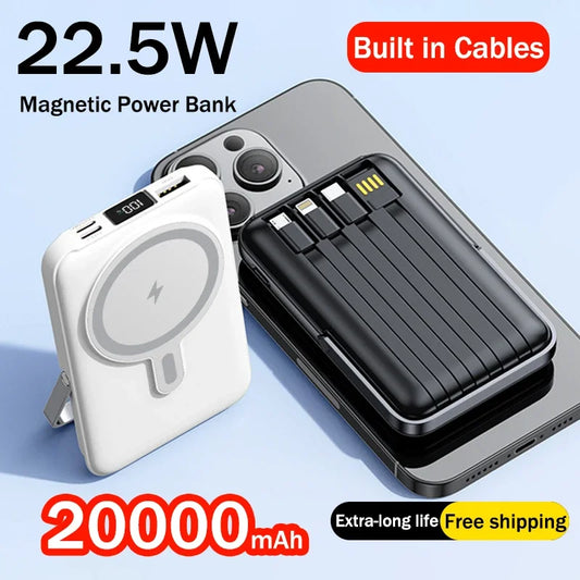 Magnetic power bank with 20000mAh capacity and built-in cables on a light blue background