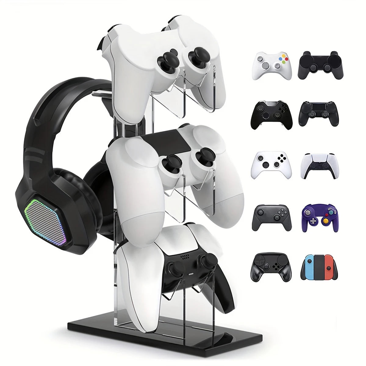 Gaming controller and headset display stand with various controllers on a white background