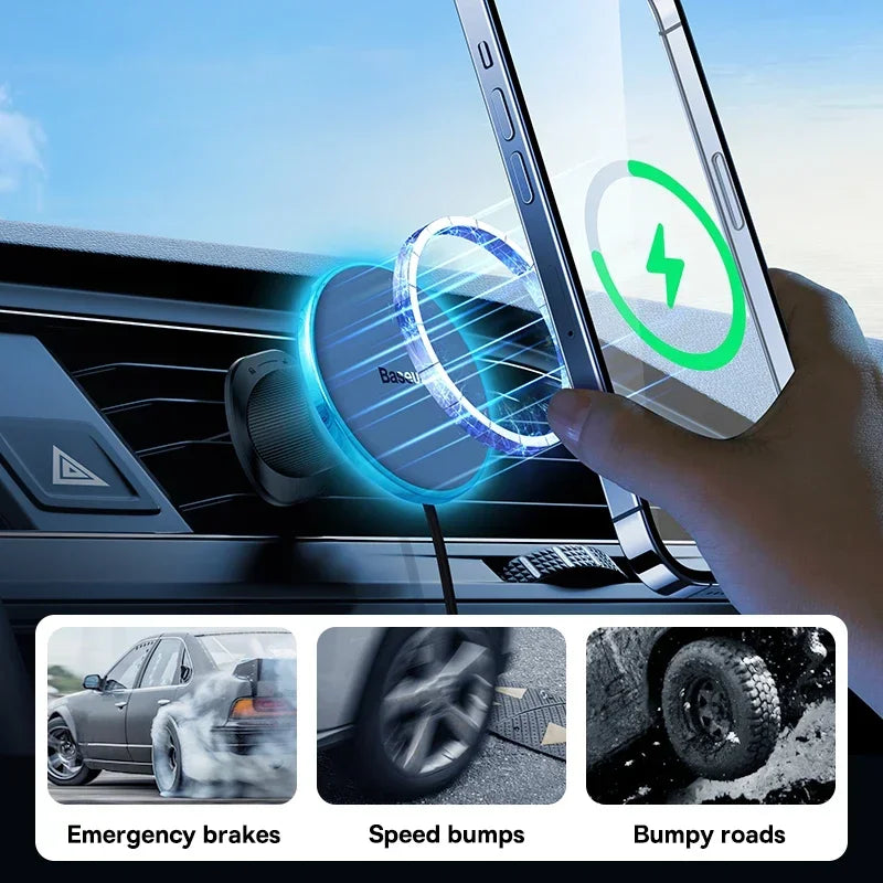 Car air freshener with a phone holder and charging feature, used in various car situations.