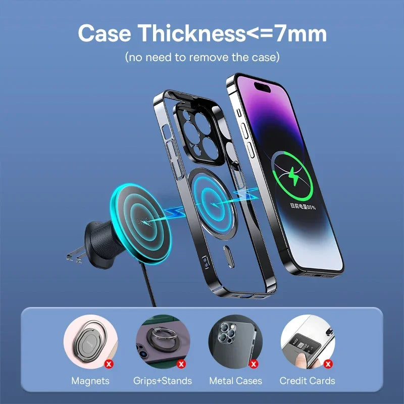 Phone case with wireless charging feature and compatibility icons on a blue background