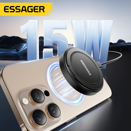 Essager wireless charger on a smartphone with '15W' text in the background