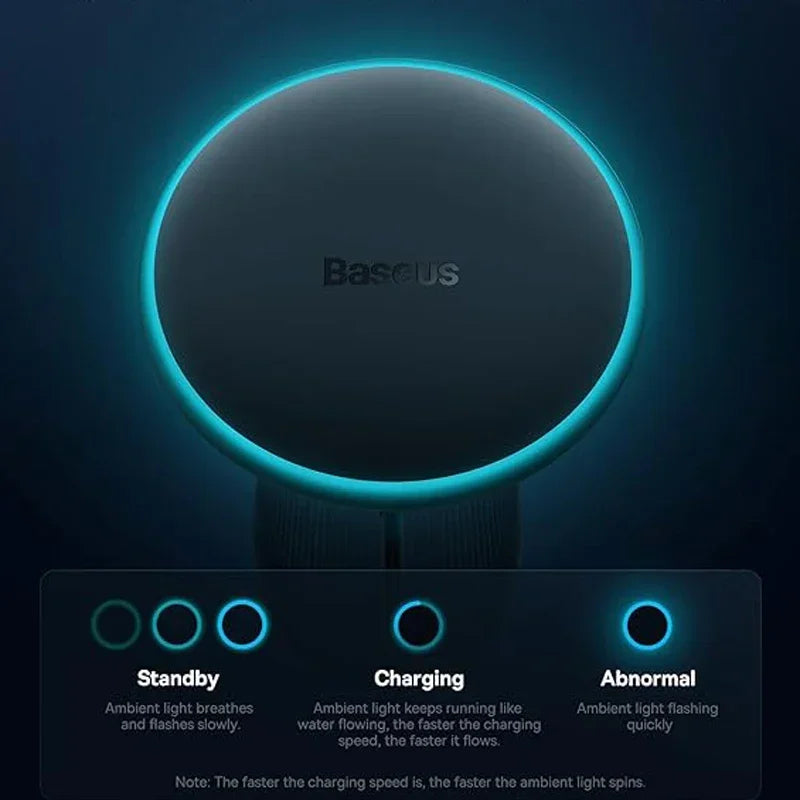 Baseus wireless charging pad with light indicators on a dark background