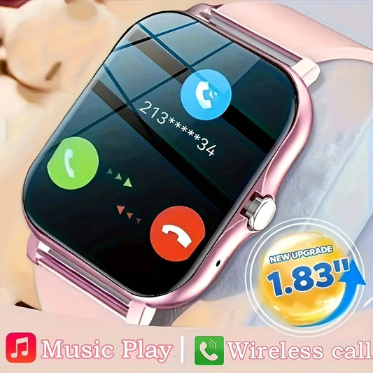 Smartwatch with a pink case on a mannequin wrist, displaying phone call interface.