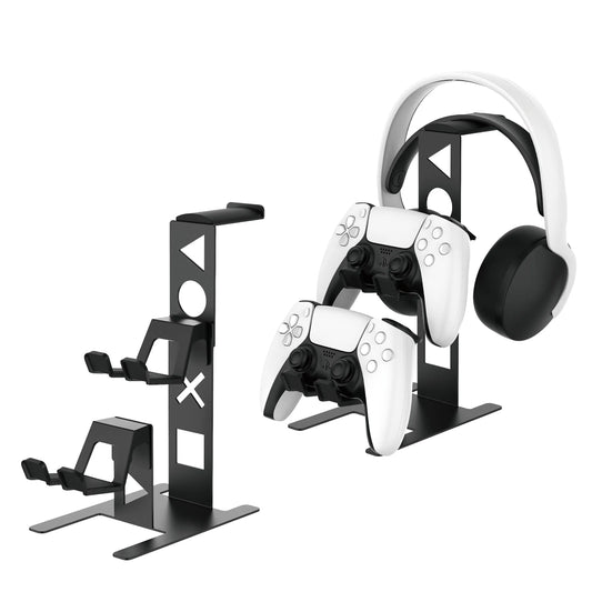Gaming controller and headset stand with black metal design on a white background