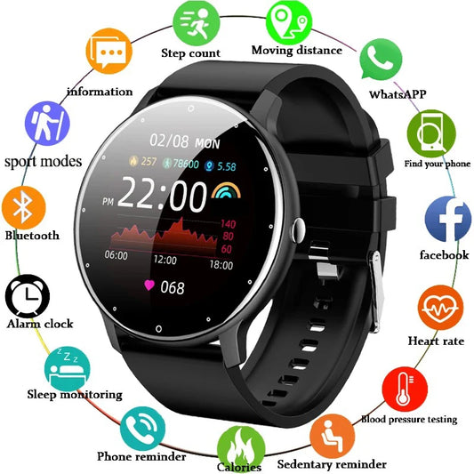 Smartwatch with various functions and icons displayed on a white background