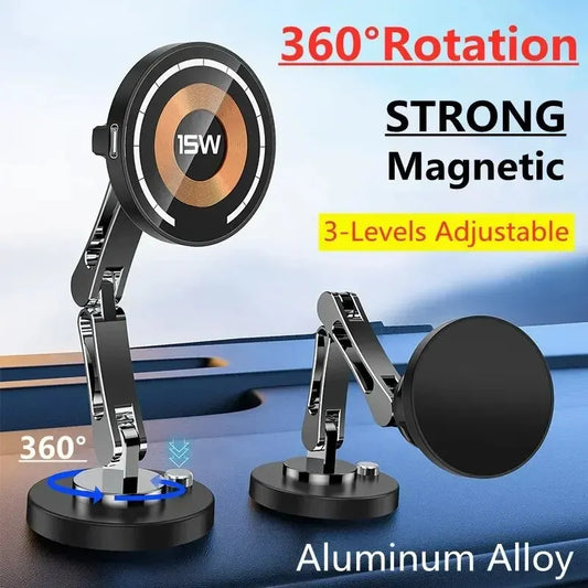 360-degree rotation magnetic phone holder with adjustable levels on a blue background