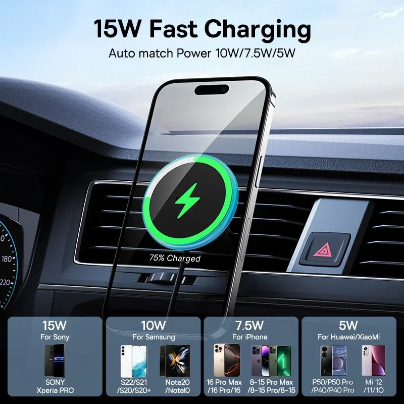 Phone with a charging cable in a car's air vent, displaying fast charging capabilities.