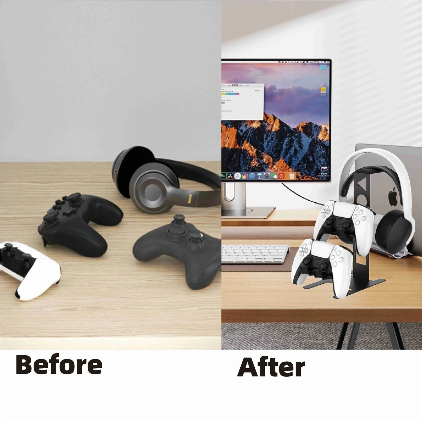 Before and after comparison of gaming equipment on a desk.