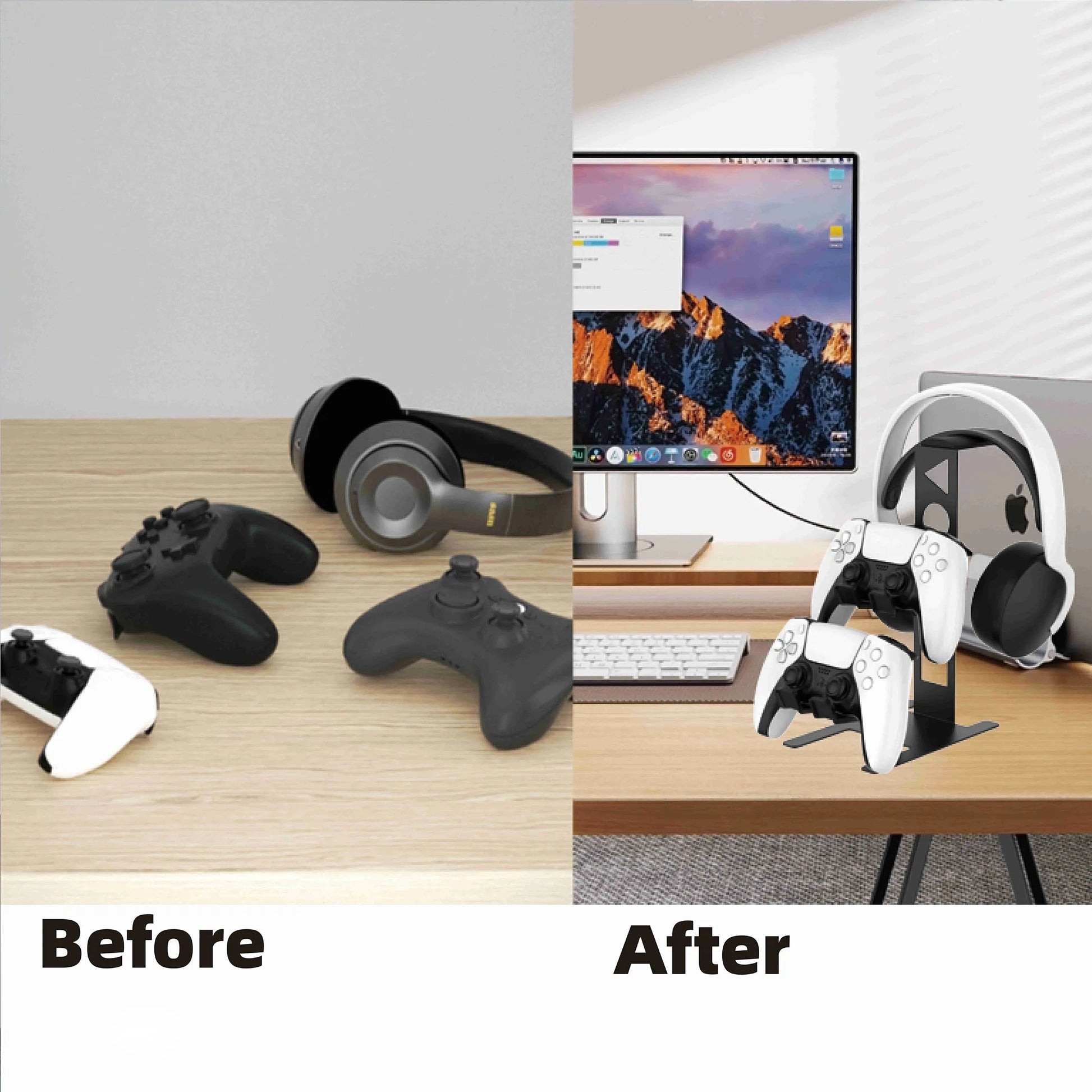 Before and after comparison of gaming equipment on a desk.