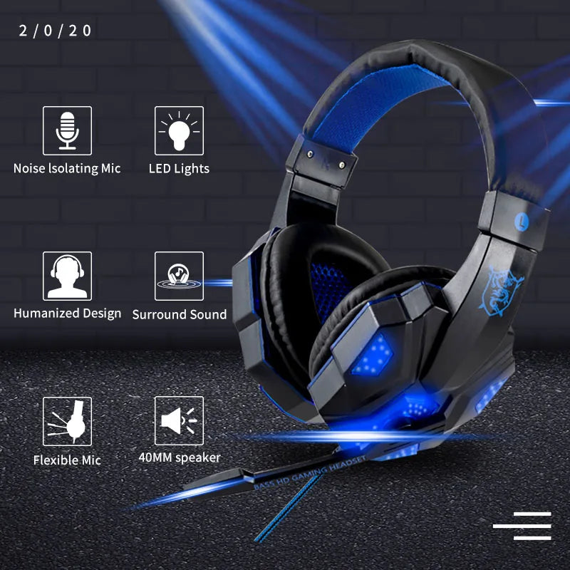 Gaming Headset with Mic & LED Light, 3.5mm Wired Stereo Headphones for PC PS4 Xbox