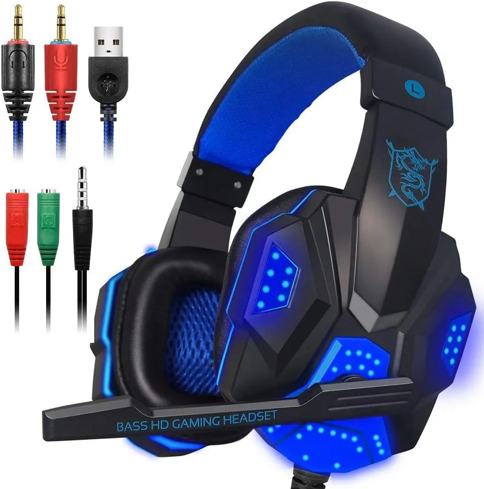 Gaming Headset with Mic & LED Light, 3.5mm Wired Stereo Headphones for PC PS4 Xbox