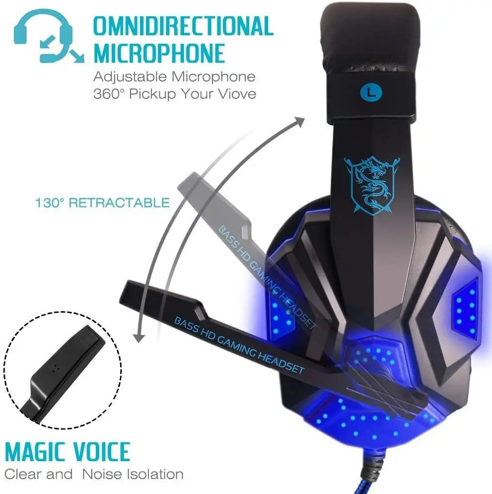 Gaming Headset with Mic & LED Light, 3.5mm Wired Stereo Headphones for PC PS4 Xbox