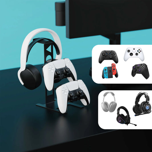 Gaming accessories including controllers and headsets on a stand with a blue background.